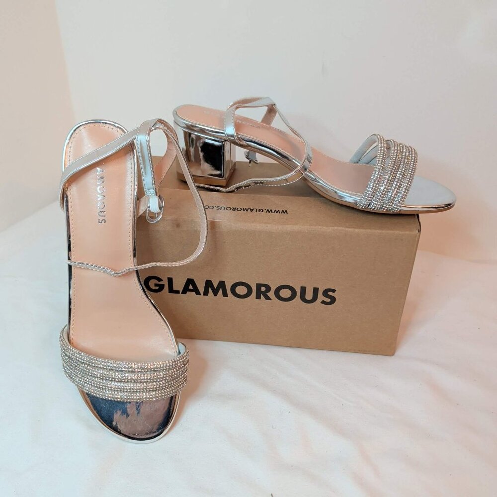 ASOS Glamorous Silver Rhinestone Block Heel Sandals